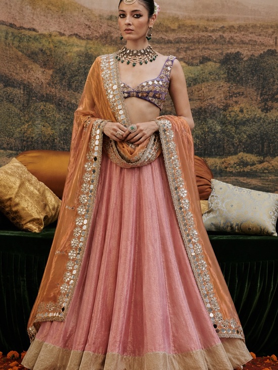 Kynah Other - Pink and Peach Mirrorwork Lehenga Set - Women's Festive Wear